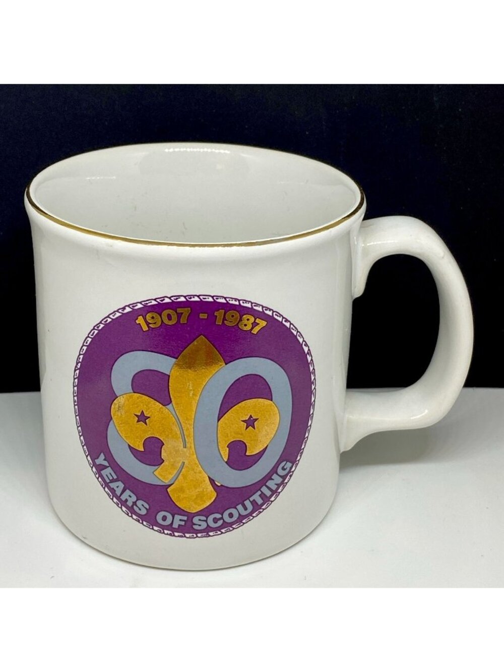 Boy Scouts Vintage Mug 1907-1987 80th Anniversary Purple Gold